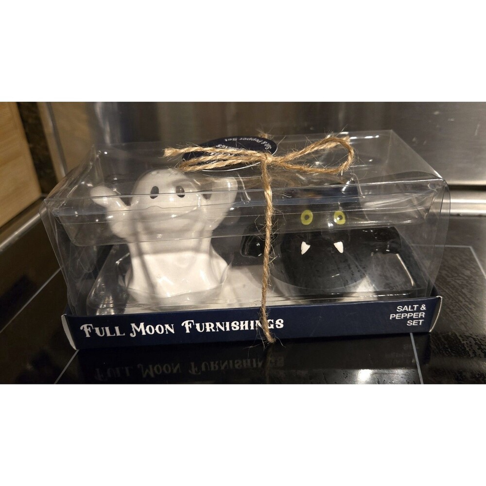 Ghost & Bat Halloween Salt & Pepper Shaker Set Full Moon Furnishings New